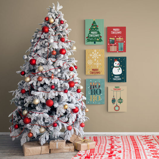 Set de cuadros decorativos navideños con árbol, muñeco de nieve, regalos y adornos – arte gráfico retro y colorido ideal para decorar en temporada de Navidad