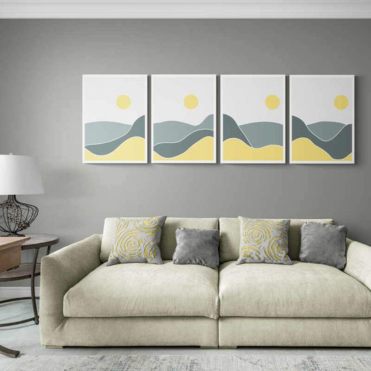 Cuadro minimalista con marialuisa blanca, círculo amarillo central y matices de verde gris sobre fondo blanco