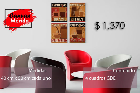 Set de 4 Piezas para Cafetería (3 Modelos Disponibles) - Canvas Mérida Fine Print Art
