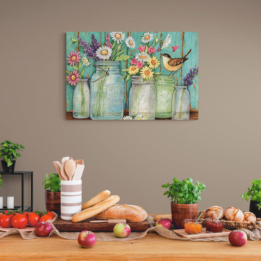 Cuadro decorativo con fondo aguamarina, vasos de cristal con flores multicolores y pajarito café-amarillo