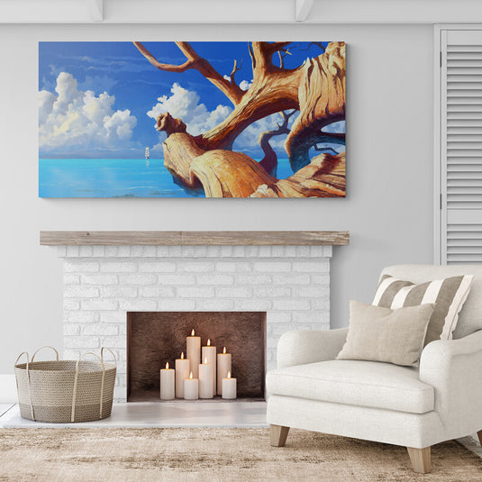 Pintura de un árbol retorcido sobre aguas turquesas con un velero en el horizonte