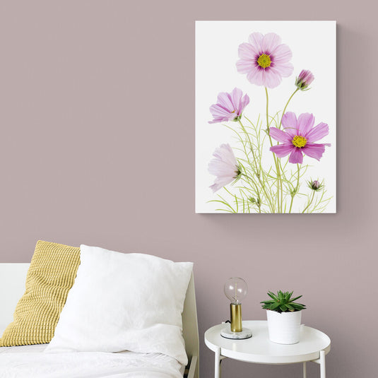 Flores moradas y lilas con tallos verdes sobre fondo blanco luminoso