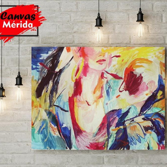 Cuadro abstracto moderno con figuras y colores vibrantes.