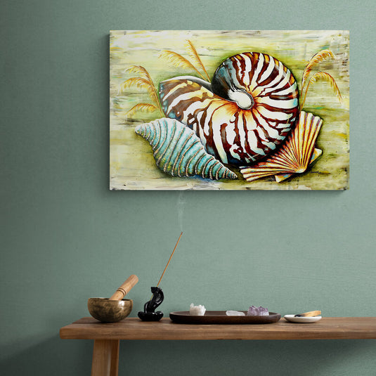 Pintura detallada de conchas nautilus y marinas con fondo suave