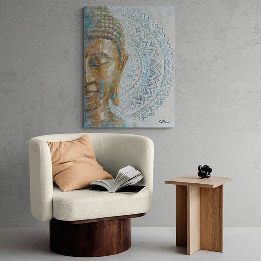 Rostro de Buda con mandala en tonos dorados y azules