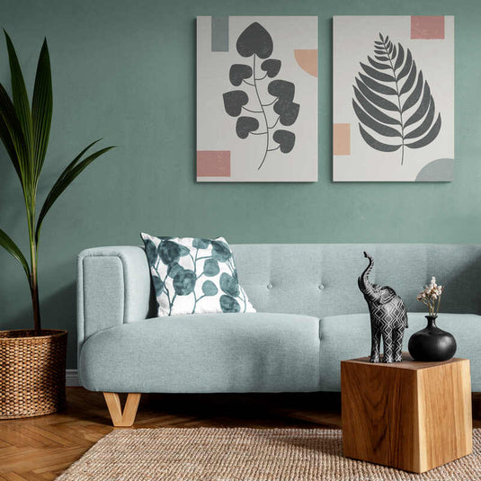 Arte Decorativo de Hojas Estilizadas en Tonos Suaves y Geométricos para Interior Moderno