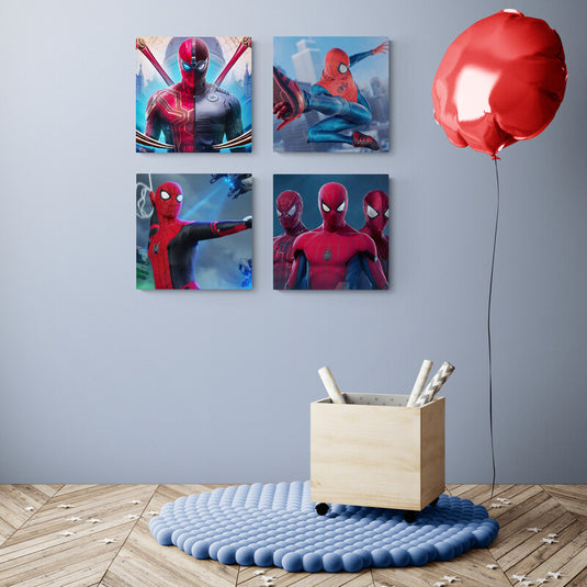 Set de cuadros decorativos de Spider-Man en versiones cinematográficas con fondo urbano – arte moderno ideal para fans del multiverso Marvel y habitaciones juveniles