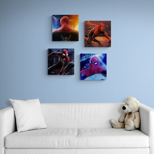 Set de cuadros decorativos con escenas dinámicas de Spider-Man en estilo cinematográfico – arte pop moderno ideal para habitaciones juveniles y fans del universo Marvel