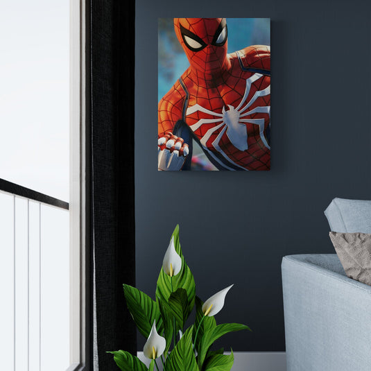 Cuadro decorativo Spider-Man – arte de superhéroe en acción estilo realista para decoración moderna y juvenil con fondo colorido