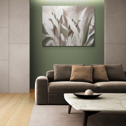 Cuadro decorativo botánico abstracto en tonos beige, blanco y verde oliva, estilo minimalista y natural.