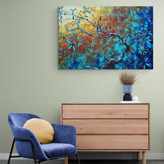 Imagen de Naturaleza Abstracta: Composición de Colores Café, Amarillo, Ámbar y Azul con Ramas de Hojas Florales Azules