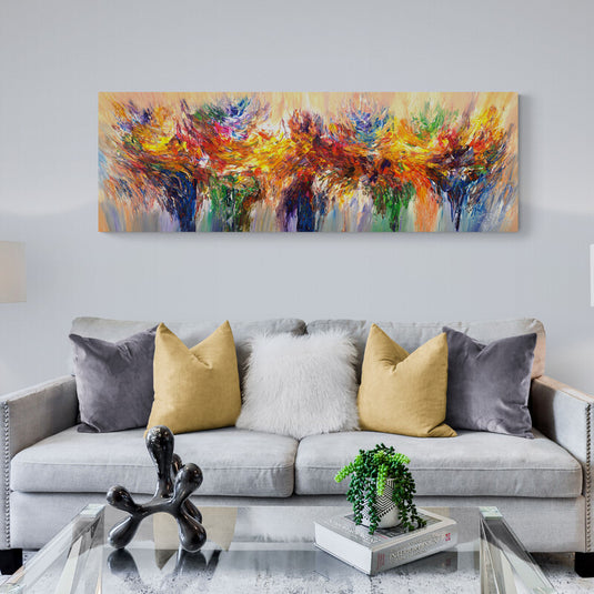 Pintura abstracta colorida con formas dinámicas.