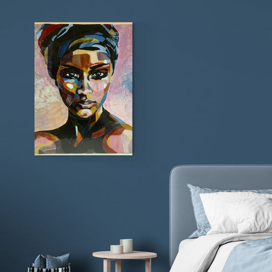 Cuadro decorativo mujer estilo mosaico vitral contemporáneo con colores vibrantes