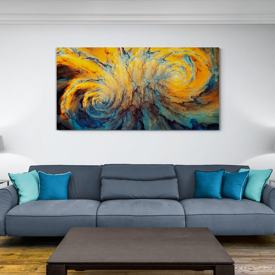 Pintura abstracta en amarillo y azul con remolino de colores vibrantes.