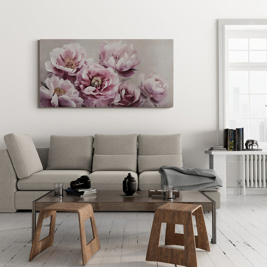 Pintura de peonías rosadas en fondo neutro
