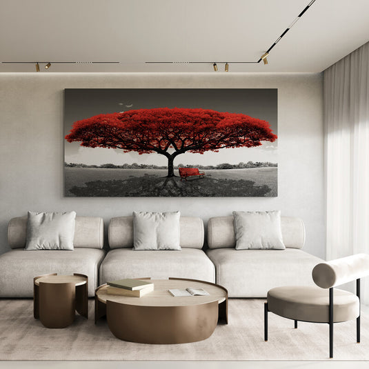 Cuadro_Decorativo_Arbol_Grande_Hojas_Rojas_Silla_Roja_Campo_Blanco_Negro