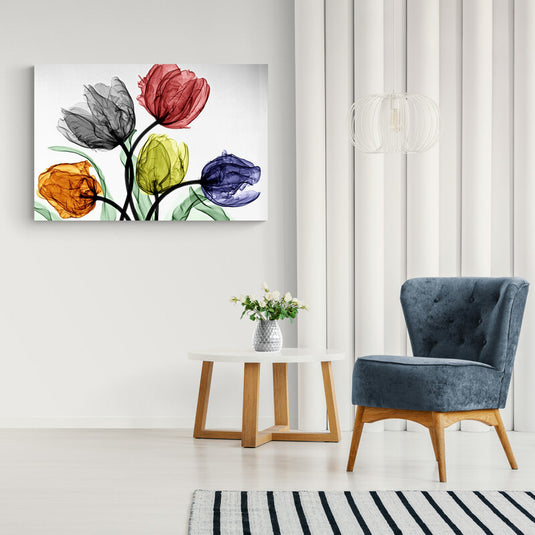 Tulipanes estilizados con efecto de transparencia en colores vivos sobre fondo neutro