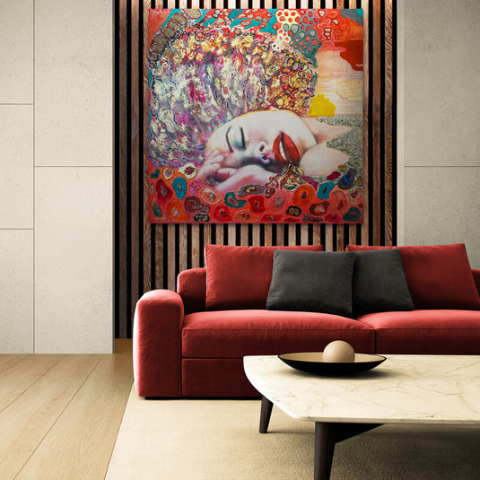 Pintura surrealista de mujer dormida