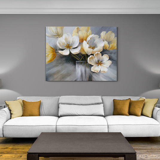 Pintura de tulipanes blancos y amarillos