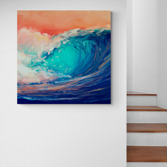 Pintura abstracta que contrasta una ola turquesa con un cielo crepuscular en tonos coral