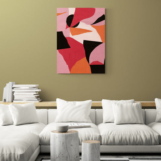 Composición abstracta moderna con formas geométricas en tonos de rosa, coral y negro