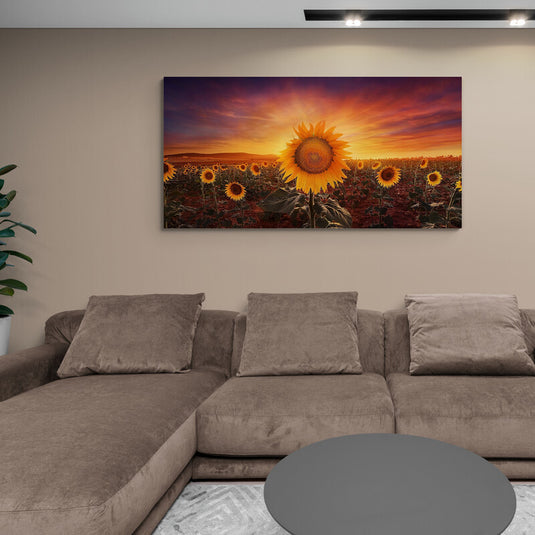Pintura de campo de girasoles al atardecer