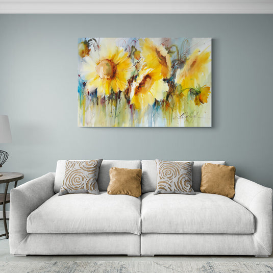 Acuarela expresiva de girasoles en movimiento
