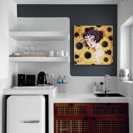 Ilustración de joven rodeada de girasoles