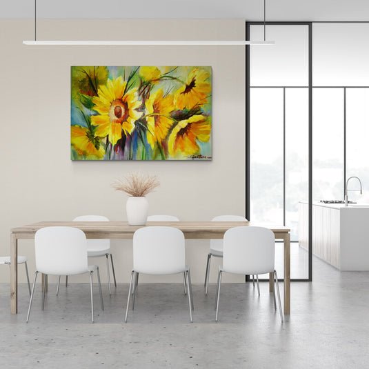 Pintura al óleo de girasoles vibrantes