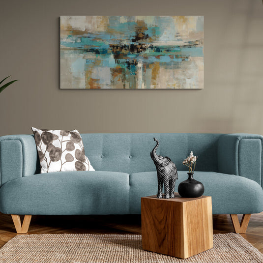 Cuadro abstracto moderno Floating in the Pool con tonos azules y naranjas