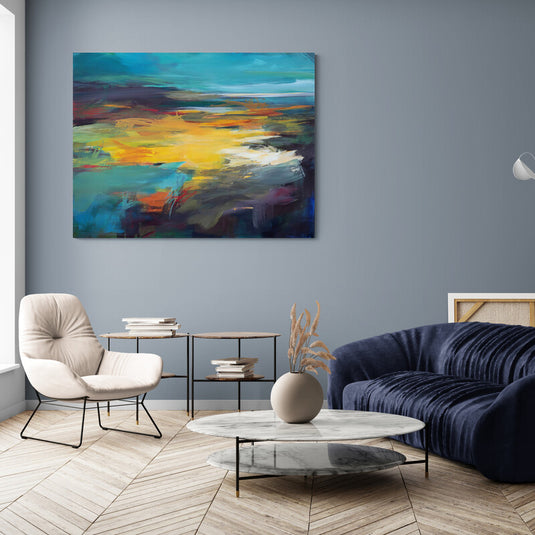 Pintura abstracta de paisajes con tonos turquesa, amarillo y naranja.