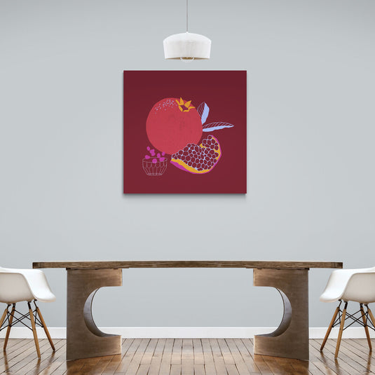 Ilustración Estilizada de Granada y Semillas en Colores Vibrantes sobre Fondo Burdeos"