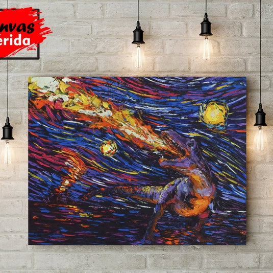 cuadro de dinosaurio T-Rex lanzando fuego estilo Van Gogh – arte moderno y surrealista para decorar con humor y color