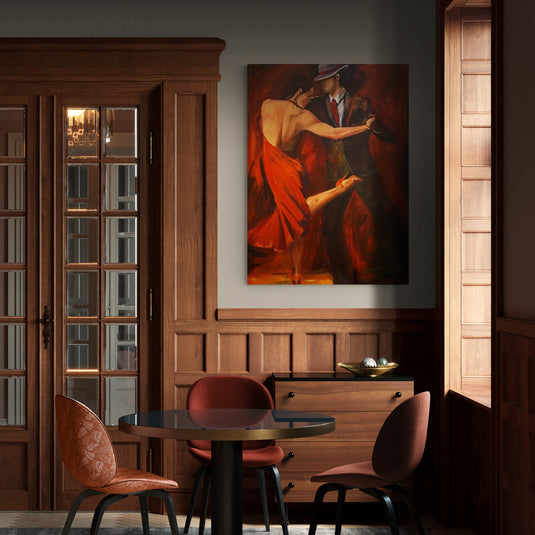 Cuadro decorativo de pareja bailando tango en tonos rojos intensos | Arte elegante y apasionado para sala o comedor