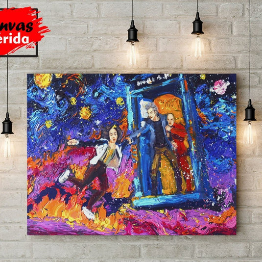 cuadro Doctor Who estilo Van Gogh con personajes saliendo de la TARDIS – arte pop galáctico para amantes de la ciencia ficción y lo vibrante