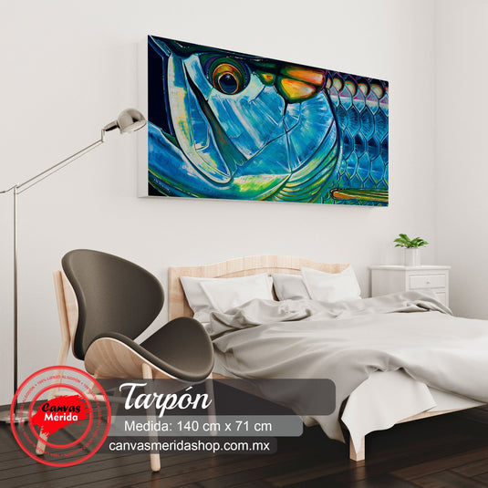 Pintura en primer plano del ojo de un pez con escamas coloridas