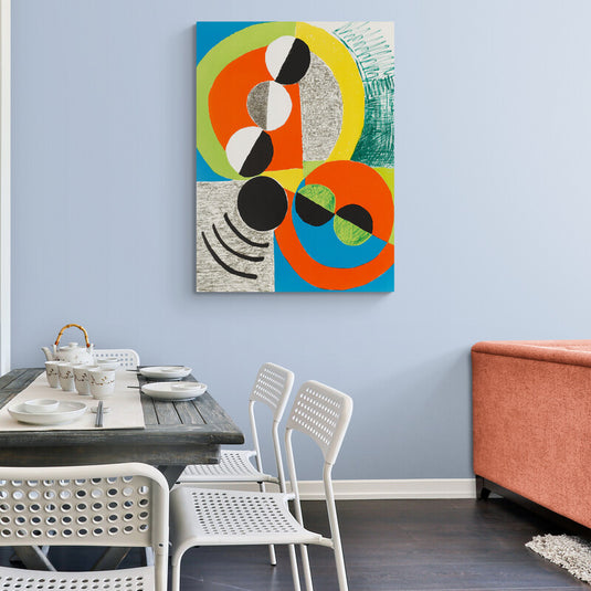 Composición abstracta con círculos coloridos y líneas en estilo de arte moderno y op art