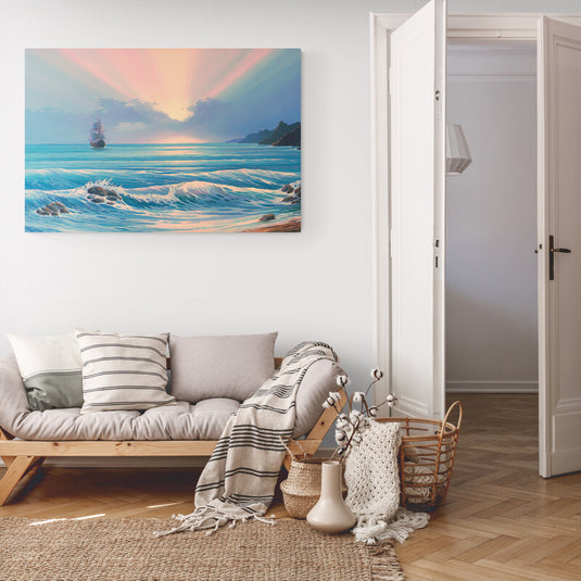 Pintura de un galeón al amanecer navegando en un mar tranquilo