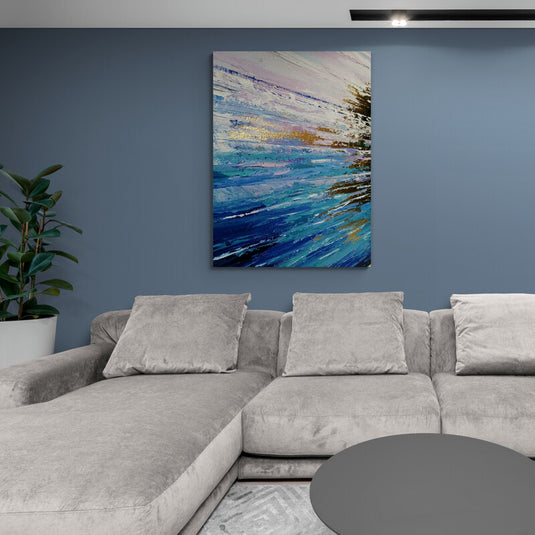 Cuadro abstracto moderno con azules, blancos y dorado