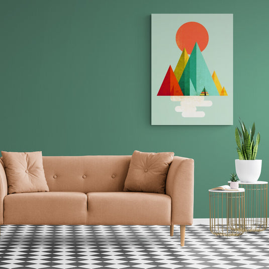 Ilustración estilizada de paisaje con montañas geométricas y sol en estilo modernista