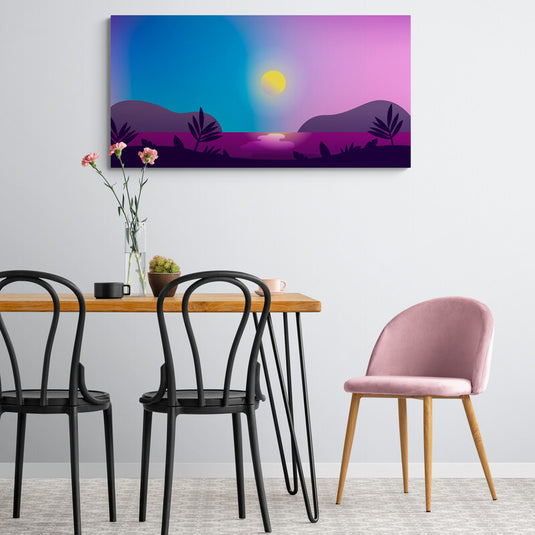 Cuadro Decorativo Mostrando un Sol Central con Cielo Dividido en Azul y Rosa, Suelo Morado, Montañas al Fondo y Delicada Vegetación