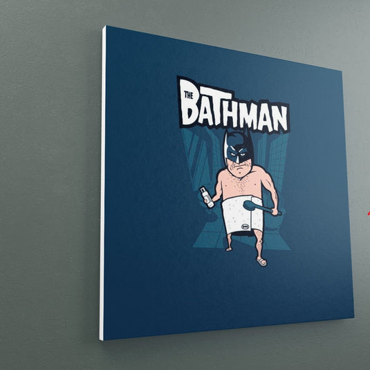 Cuadro decorativo The Bathman – arte divertido tipo caricatura estilo pop para baño o espacios modernos con fondo azul y personaje cómico inspirado en superhéroes