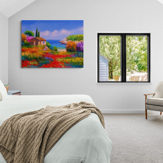 Pintura vibrante de un paisaje mediterráneo con casa y mar