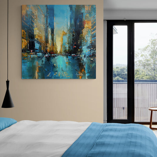 Cuadro urbano moderno The Big City III, pintura abstracta de ciudad con luces y rascacielos.
