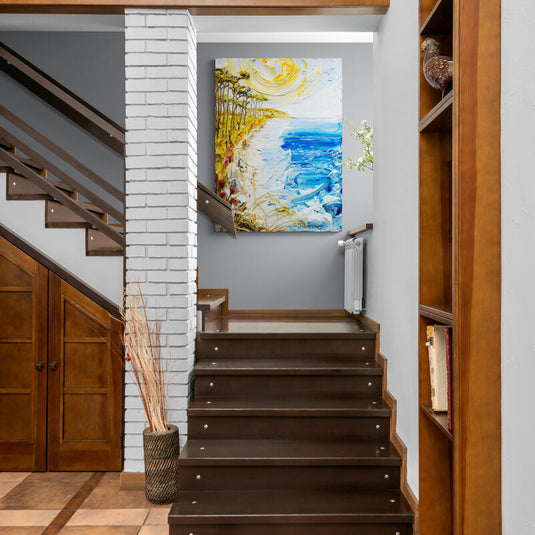 Pintura con técnica de espátula de un amanecer en la costa con flores coloridas