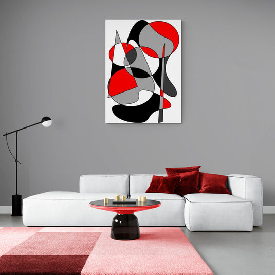 Composición abstracta con formas geométricas en rojo, negro y gris sobre fondo blanco