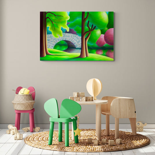 Pintura_decorativa_infantil_con_puente_sobre_lago_y_arboles_en_los_costados