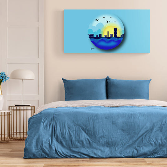 "Atardecer urbano en esfera con aves volando sobre ciudad costera"