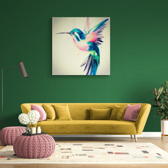 Cuadro Decorativo: Colibrí en Azul, Rosa, Verde y Lila sobre Fondo Claro