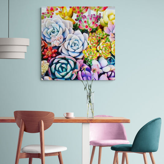 Fotografía de suculentas coloridas en una composición vibrante.